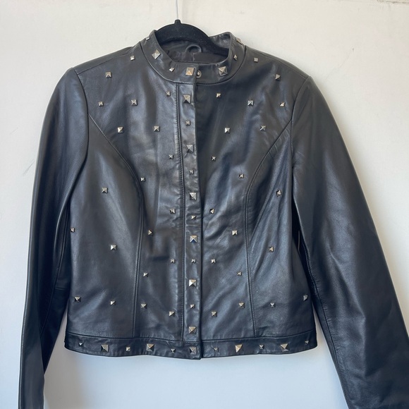 Yvonne Marie Lambskin Leather Jacket Studded Black Moto Jacket Cropped Leather C - Picture 2 of 6